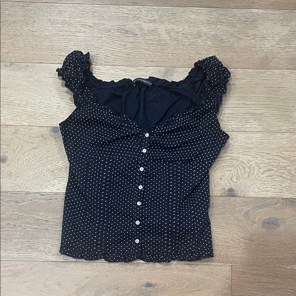 Brandy Melville Navy and White Polka Dot Blouse